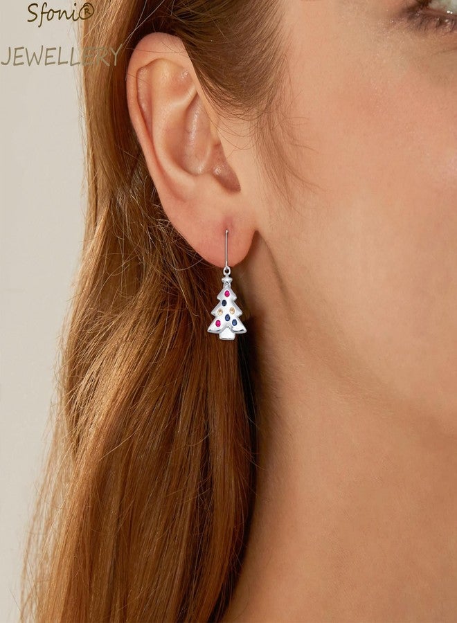 Sfoni Christmas Tree Earrings, Red Green Earrings Silver Sparkling Cubic Zirconia Dangle Earring 18K White Gold Colorful Rhinestone Xmas Earring Jewelry Gifts for Women Lady Girl with Gift Card & Box - Image 4